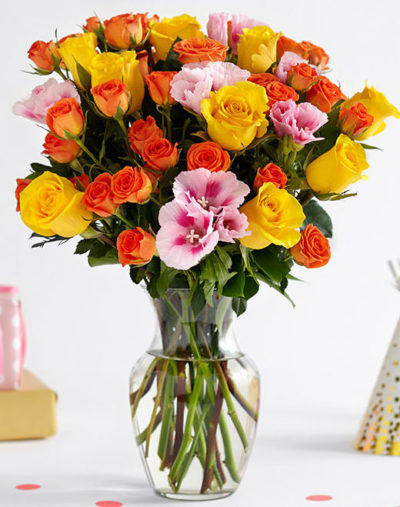 orange and yellow roses with pink godetia-Red-Rose-Roses-purple-flowers purple flowers-the little flower shop-florist-london-flower-shop
