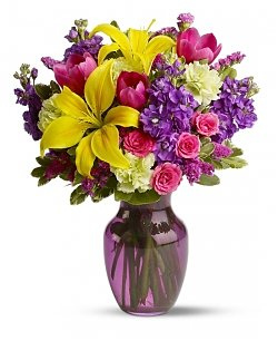 purple and yellow-mothers-day-flowers-flower-bouquet-yellow-lily-pink-rose-purple-flowers purple flowers-the little flower shop-florist-london-flower-shop